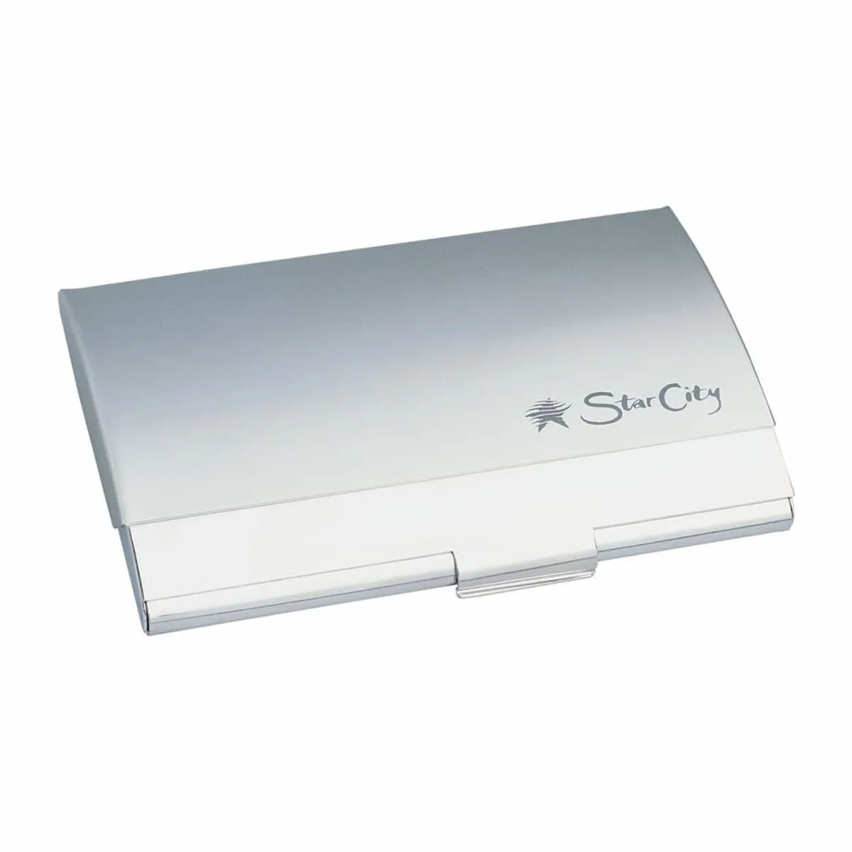 A sleek, silver business card holder with a smooth metallic finish. It has the words Star City engraved near the top right corner, accompanied by a small star logo. The holder is closed and reflects light subtly.