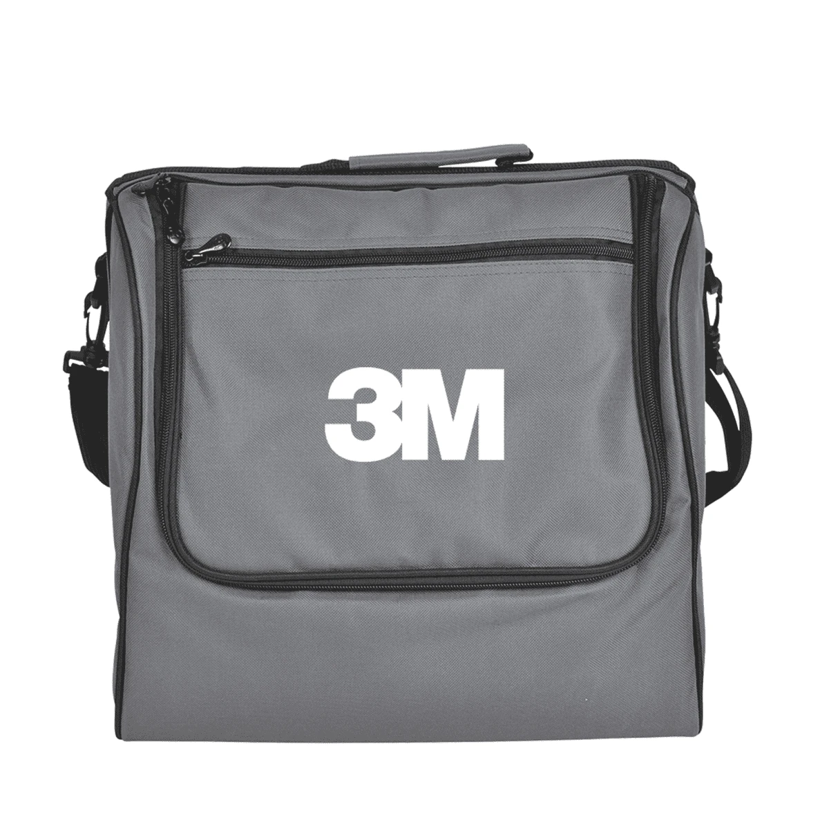A gray bag with a front zippered pocket displays the 3M logo in white. It has a shoulder strap and a top handle for carrying.