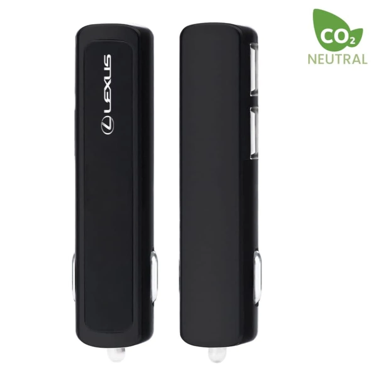 Two black USB drives with Lexus branding and logo. One is shown from the side and the other from the back. A CO2 Neutral icon is displayed in the top right corner.
