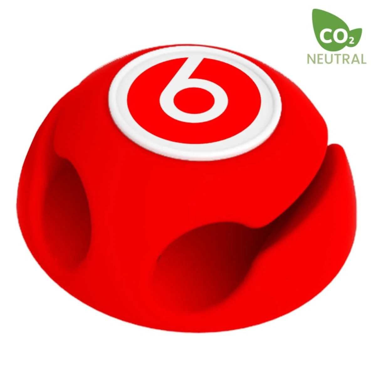 Red cable holder with a white circular top featuring a red number six. It has three cable slots. A green label in the upper right corner reads CO2 Neutral.