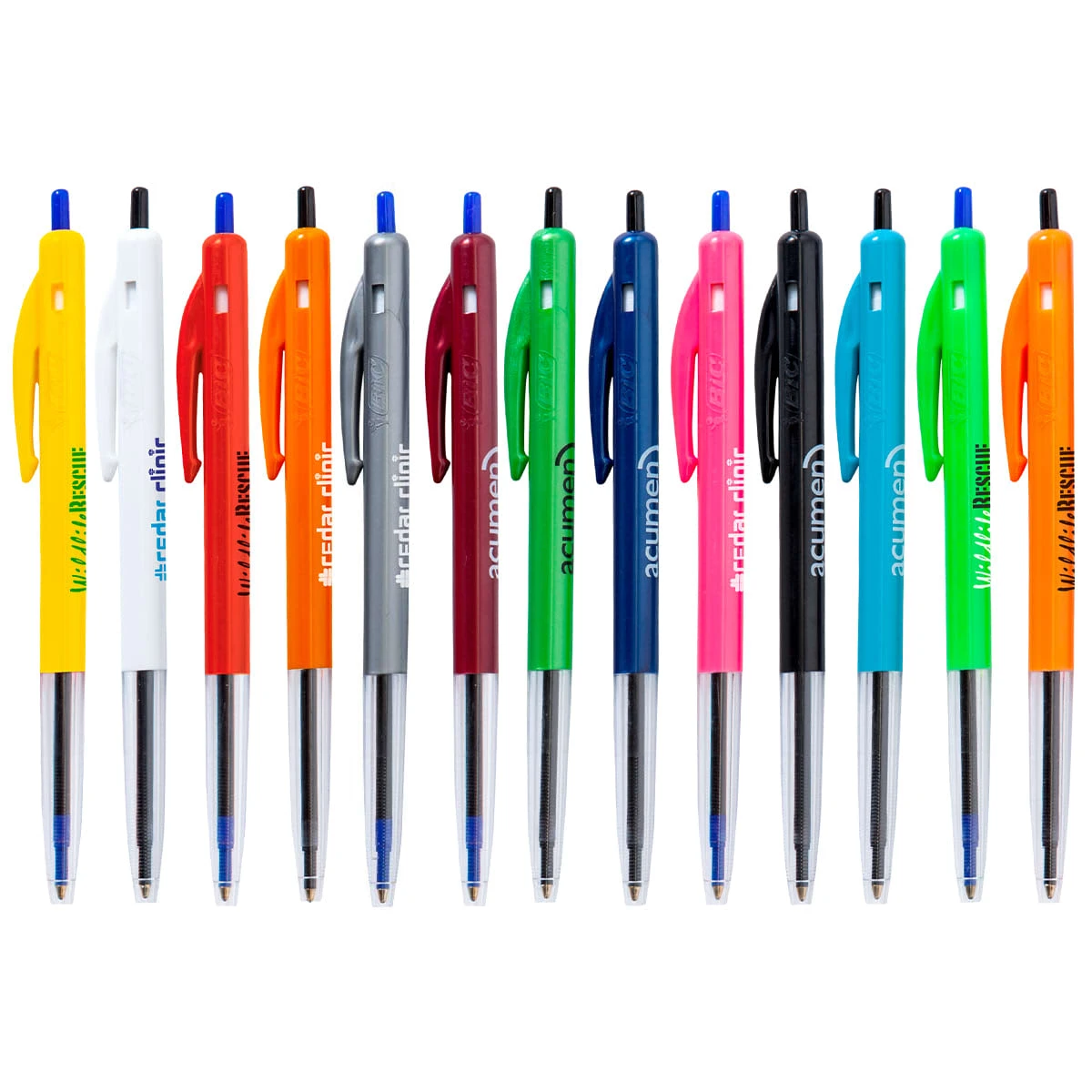 A row of twelve multicolored retractable pens shown vertically.