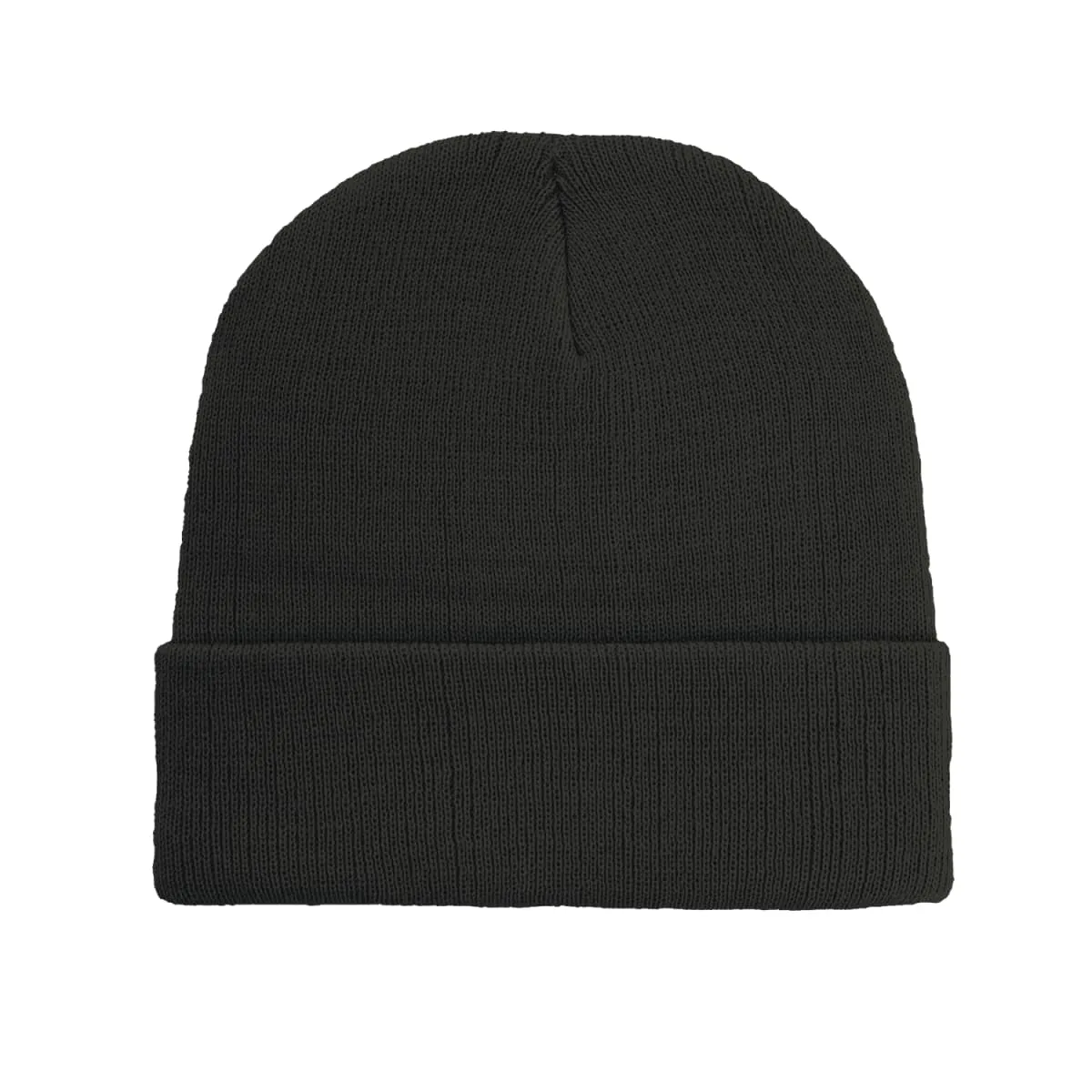A plain black knit beanie hat with a folded cuff, displayed against a white background.