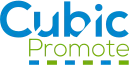 Cubic Promote logo in blue and green text with geometric shapes below.