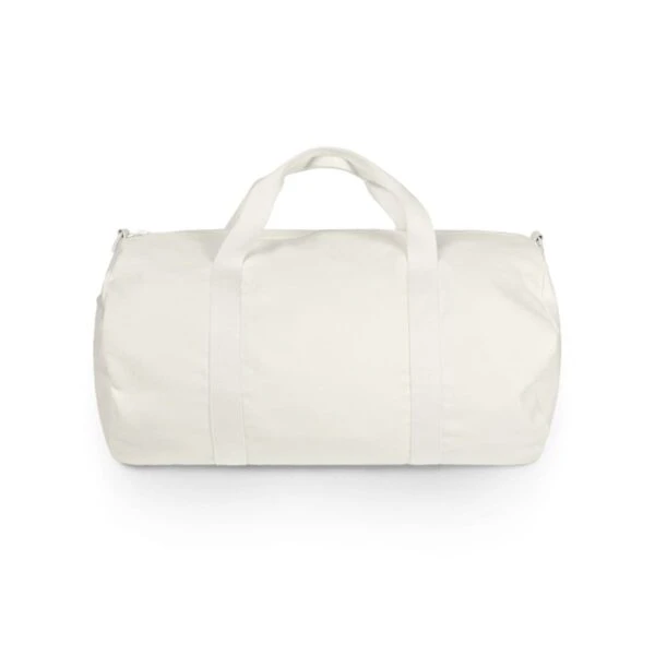 White duffel bag with handles, photographed on a plain white background.