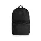 A plain black backpack with a front zipper pocket, shown on a white background.