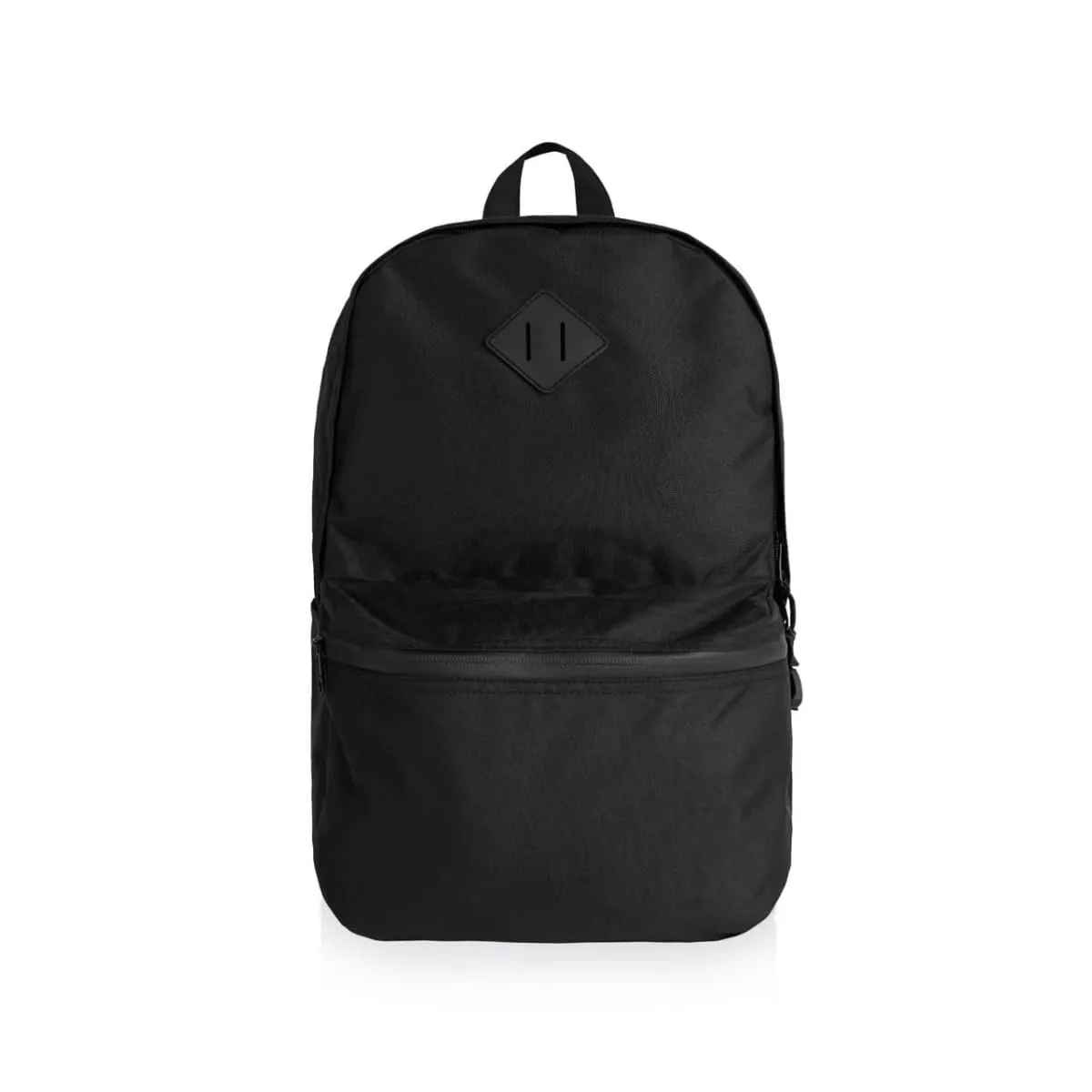 1018_backpack_black_main__02077.1633037008.1280.1280 A plain black backpack with a front zipper pocket, shown on a white background.
