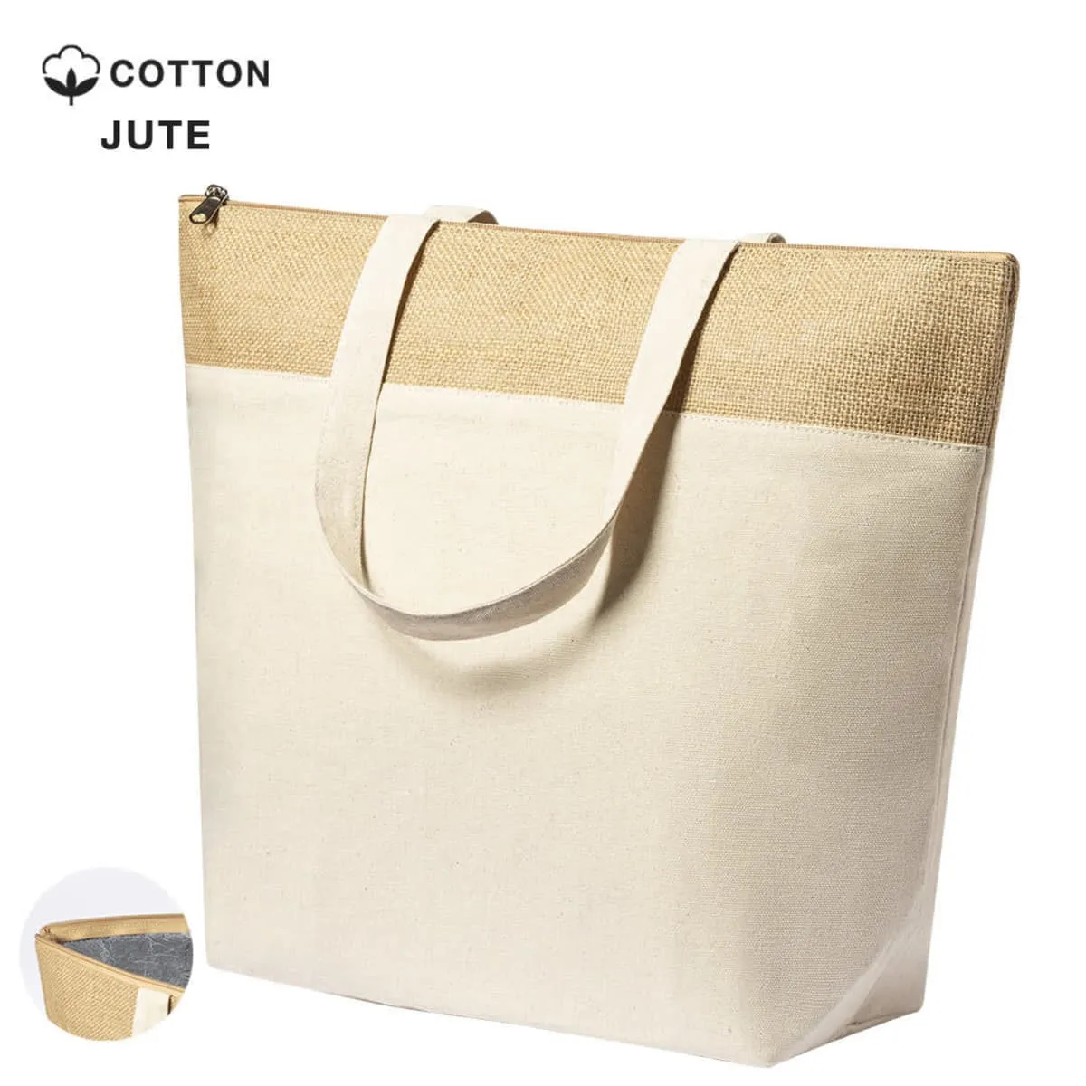 A large tote bag made of cotton and jute, featuring a natural two-tone design. The top section is a textured jute while the bottom is smooth cotton. The bag has two handles and is displayed against a white background. A close-up insert shows the texture.