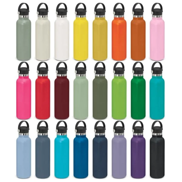 Twenty-four water bottles in various colors arranged in four rows of six bottles each.