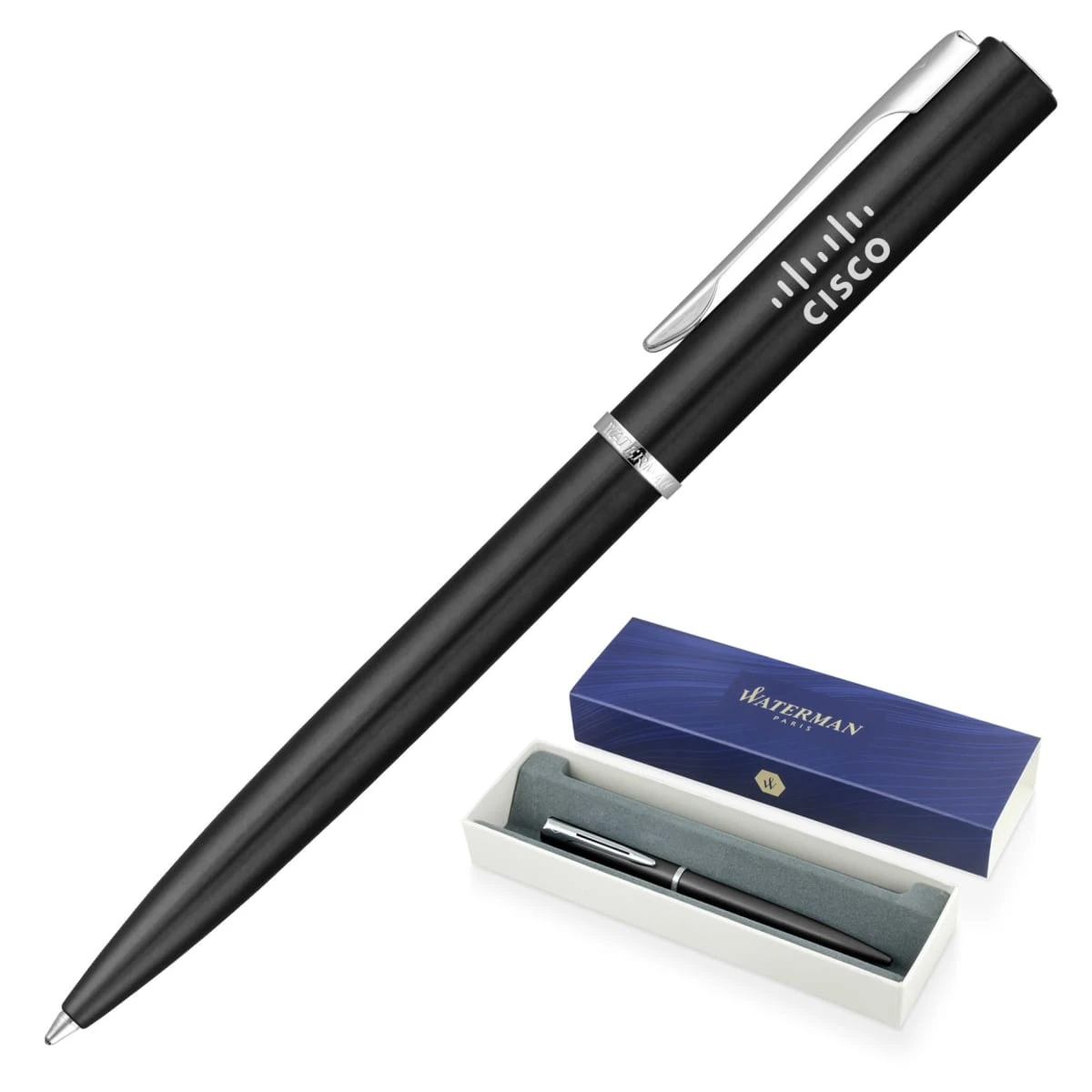 A sleek black pen with the Cisco logo in white is displayed above a blue box labeled Waterman. The box is open, showing the pen nestled inside, with a shiny silver clip and accents.