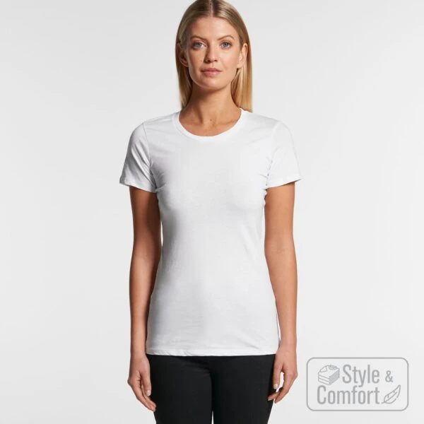 Woman wearing the Wafer Tee, standing against a white background.