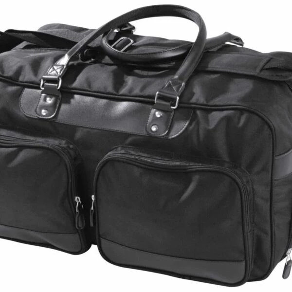 A black duffel bag with two large front pockets and sturdy handles. It features a durable fabric with metal zippers and buckles, and additional side pockets for extra storage.