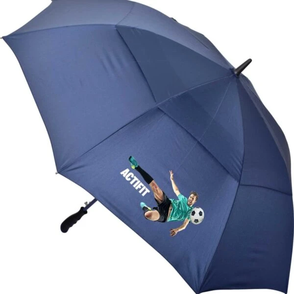 A blue umbrella featuring a graphic of a soccer player in mid-air, kicking a ball. The word ACTIFF is printed next to the image, and the umbrella has a curved black handle.