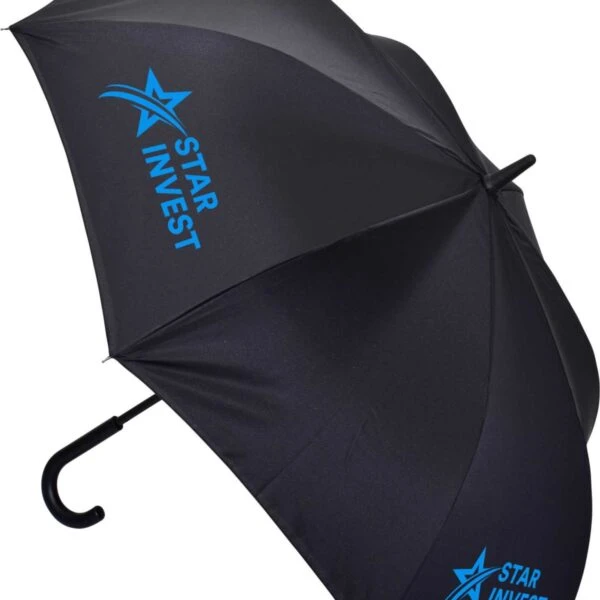 A black umbrella with a curved handle, featuring the blue text STAR INVEST alongside a blue star logo on its canopy.