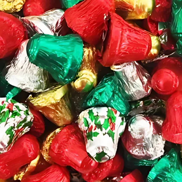 Chimes Bell Chocolates wrapped in festive red, green, gold, and silver foil.