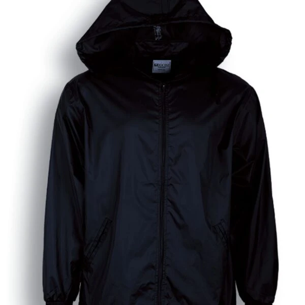 A black hooded jacket with a zipper front. It features elastic cuffs, side pockets, and a drawstring at the hem. The fabric appears shiny and smooth.