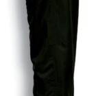 Side view of a pair of black track pants with an elastic waistband and ankle zippers, shown against a white background.