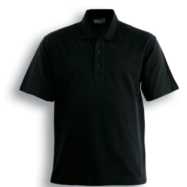 Black polo shirt displayed on a plain background, featuring short sleeves and a three-button placket. The shirt is designed with a folded collar and a relaxed fit.