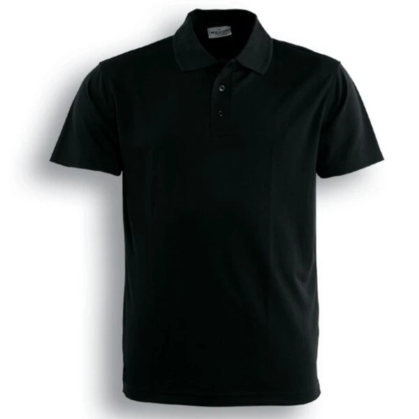 A plain black polo shirt with a collar and short sleeves is displayed against a white background.