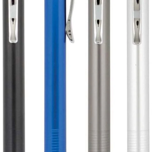 Four retractable ballpoint pens in black, blue, gray, and white are lined up vertically. Each pen has a silver clip and tip with a ribbed grip area near the bottom.