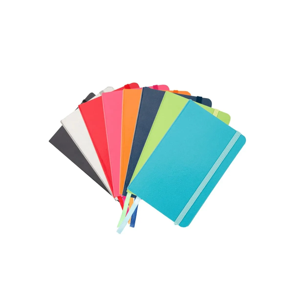 A collection of colorful notebooks fanned out, featuring covers in black, gray, red, pink, orange, blue, green, yellow, and turquoise. Each notebook has a matching elastic band and ribbon bookmark.