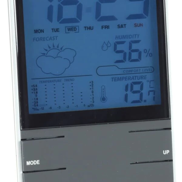 A digital weather station displaying the time as 16:29. It shows the forecast as cloudy, the humidity at 50%, and the temperature at 19.7°C. The device has buttons labeled Mode, Max/Min, Up, Down, SNZ, and Light.