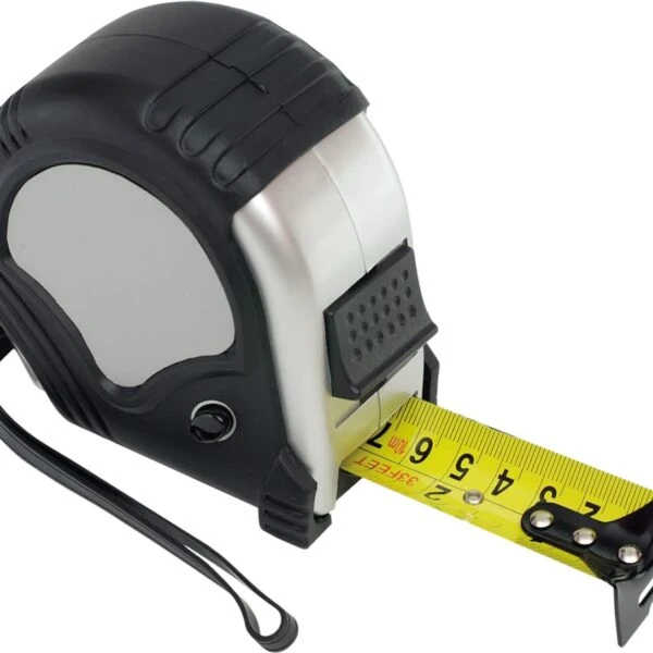 A black and silver retractable tape measure with a yellow measuring tape extended to about six inches. The body of the tape measure is rounded with a black wrist strap attached.
