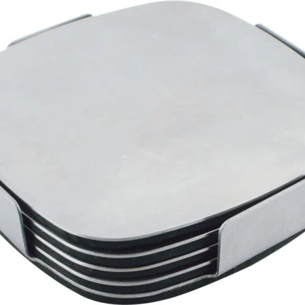 A stack of metallic square coasters with rounded edges, placed neatly in a matching holder.