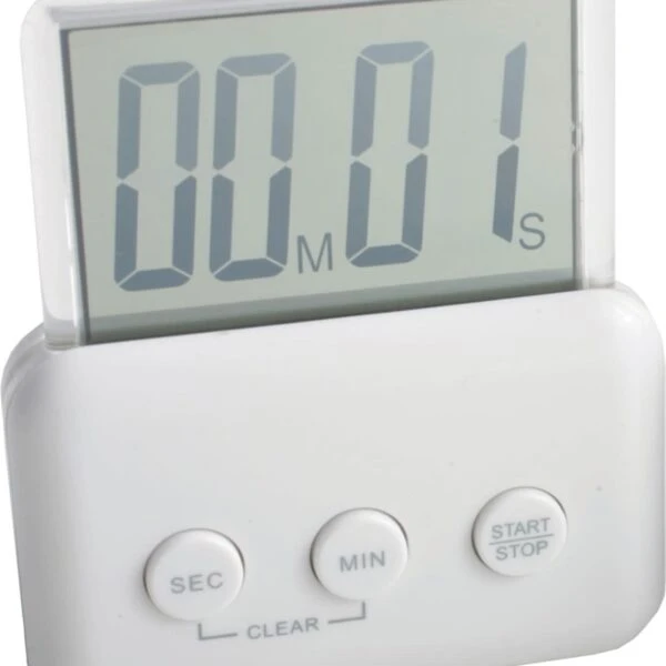 A digital timer displaying 00 minutes and 01 second. The white timer has three buttons labeled SEC, MIN, and START/STOP with an additional button labeled CLEAR.