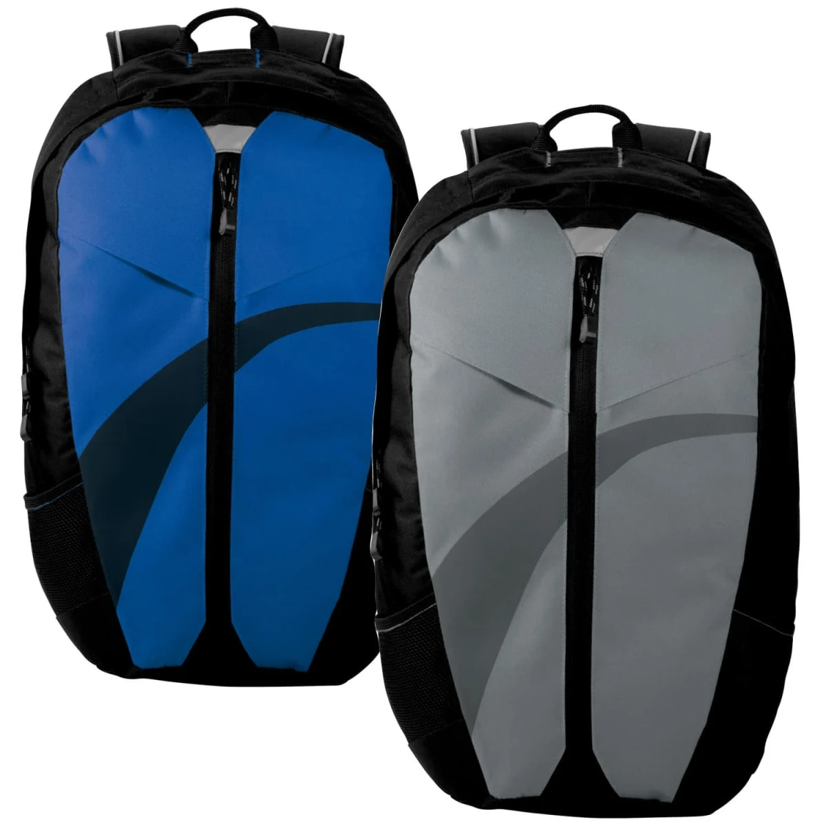 Two backpacks are shown side by side. The left backpack is blue with a black curved stripe, and the right backpack is gray with a similar black stripe. Both have black zippers and shoulder straps, with a sleek and modern design.