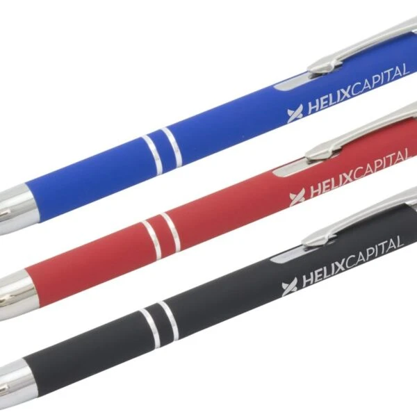 Three ballpoint pens with click mechanisms, displayed diagonally. The top pen is blue, the middle is red, and the bottom is black. Each pen has a silver clip and trim, and the logo HELIXCAPITAL is printed on the barrel.