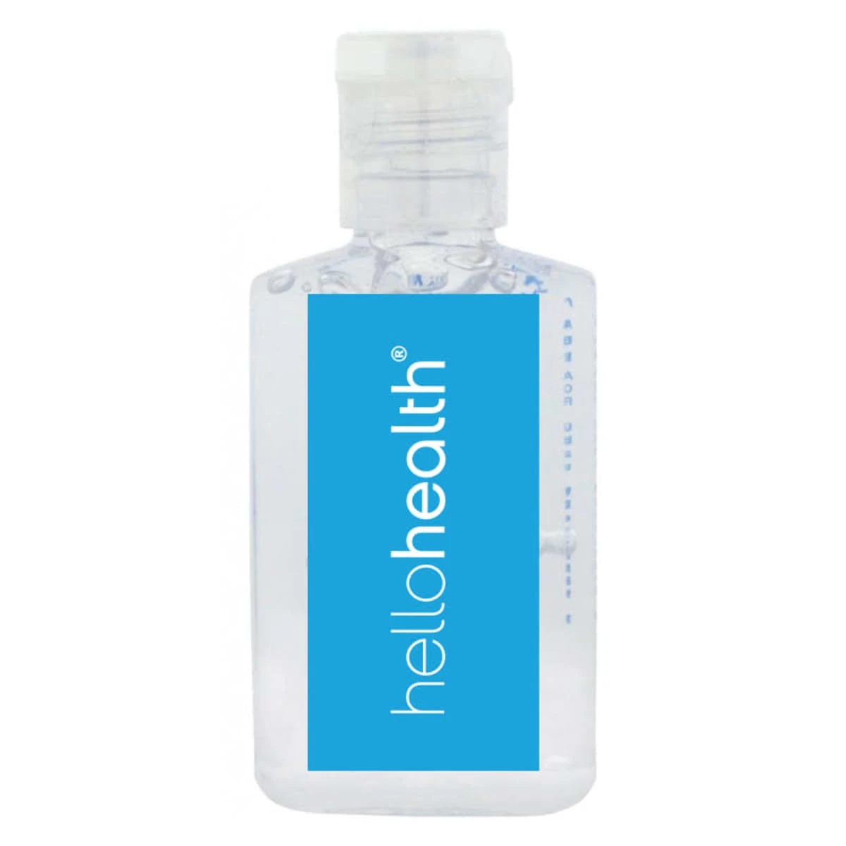 h302_bd_1.jpg Clear bottle of hand sanitizer with a light blue label featuring the text hellohealth in white. The bottle has a flip-top cap and is set against a plain white background.