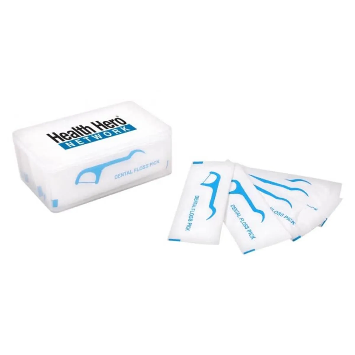 A white rectangular plastic box labeled Health Nerd Network and Dental Floss Pick is shown with several individually wrapped dental floss picks scattered beside it. The packaging features a blue floss pick graphic.