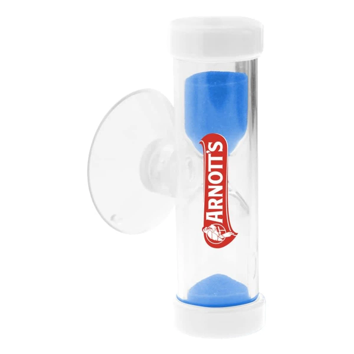 Clear plastic hourglass with blue sand and white caps. A red label with Arnotts in white text is printed on the side. The hourglass has a suction cup attached on one side for sticking to surfaces.