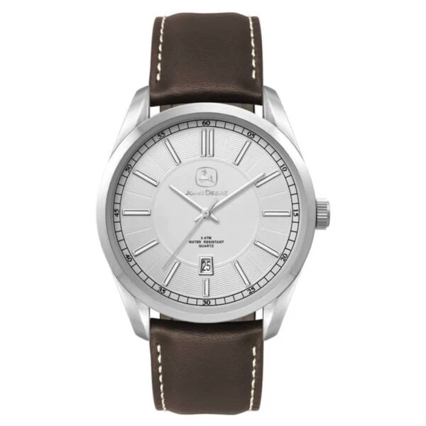 A silver analog wristwatch with a white face, silver hour markers, and hands. It has a date display at the 6 oclock position. The watch has a dark brown leather strap with white stitching.