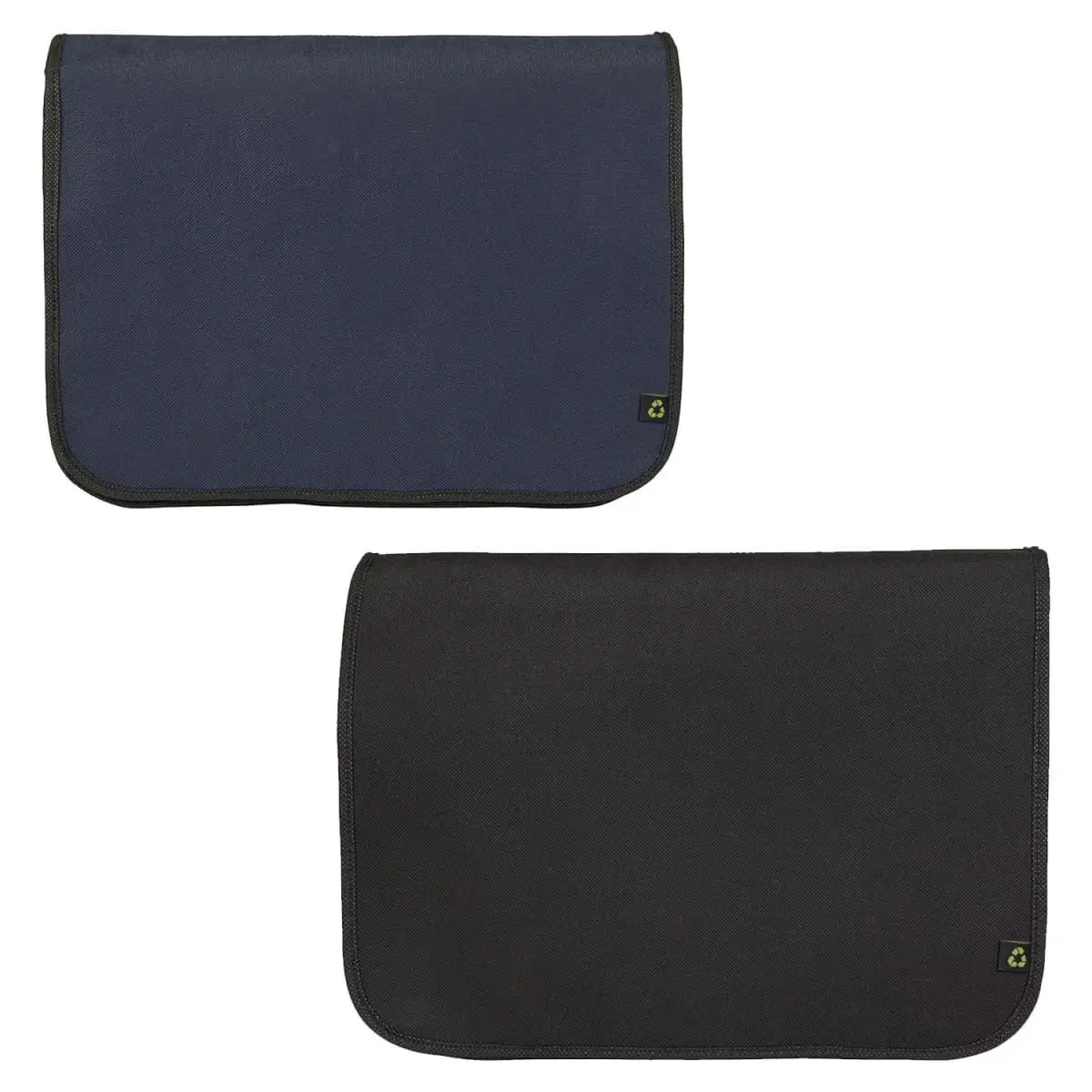 Two laptop sleeves are displayed. The top sleeve is dark blue, and the bottom sleeve is black. Both have rounded corners and a small green recycle symbol tag on the side. They are positioned side by side against a plain background.
