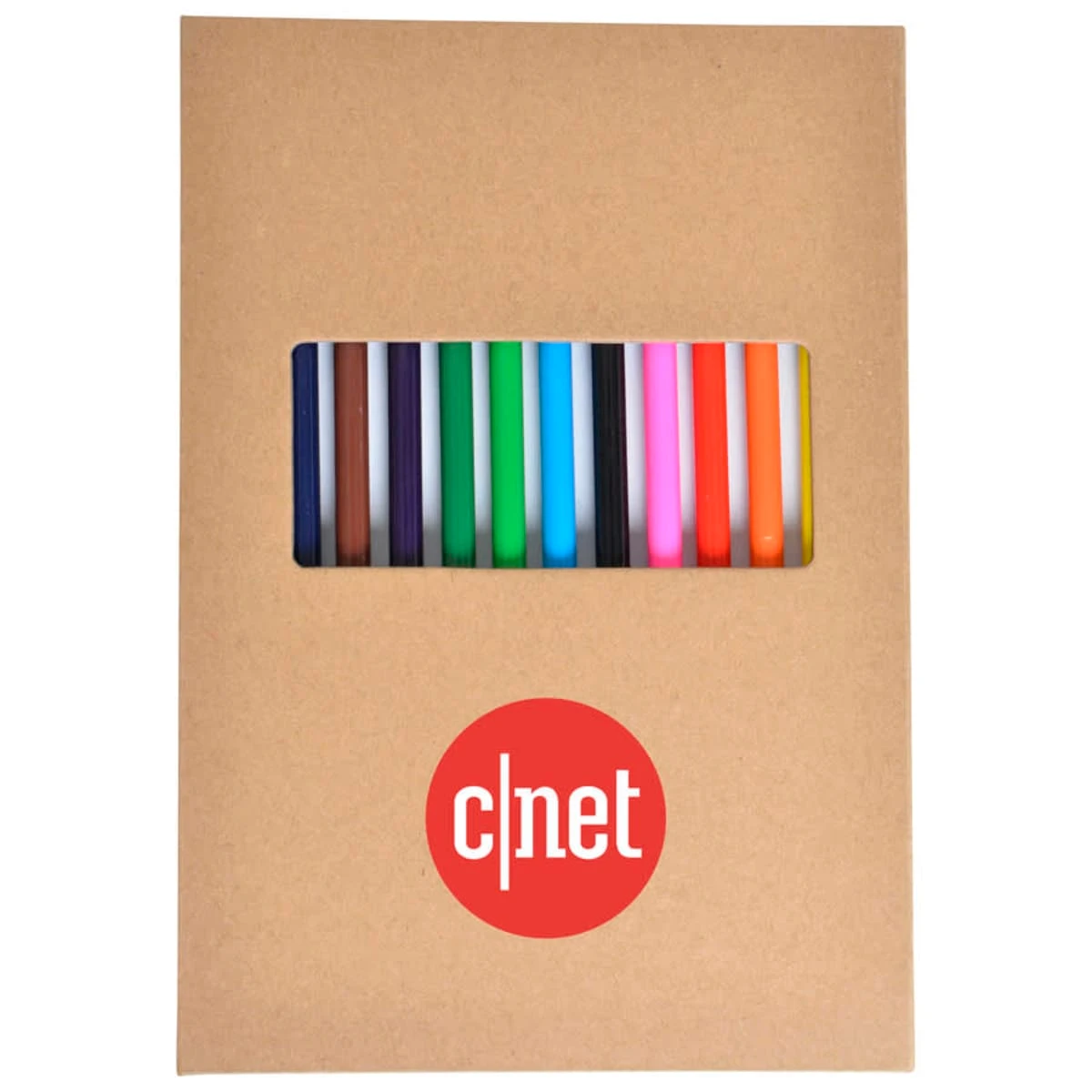 A set of colored pencils in a cardboard case with a clear window displaying the pencil tips. The case is labeled with a red circular logo containing the word c|net in white lowercase letters.