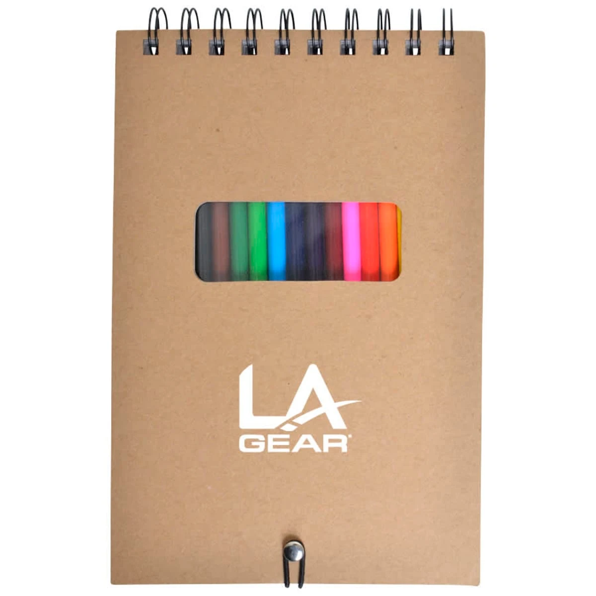 A spiral-bound notepad with a kraft paper cover featuring a cut-out window displaying colored pencils inside. The cover has the white LA Gear logo and includes an elastic loop holding a pen at the bottom.