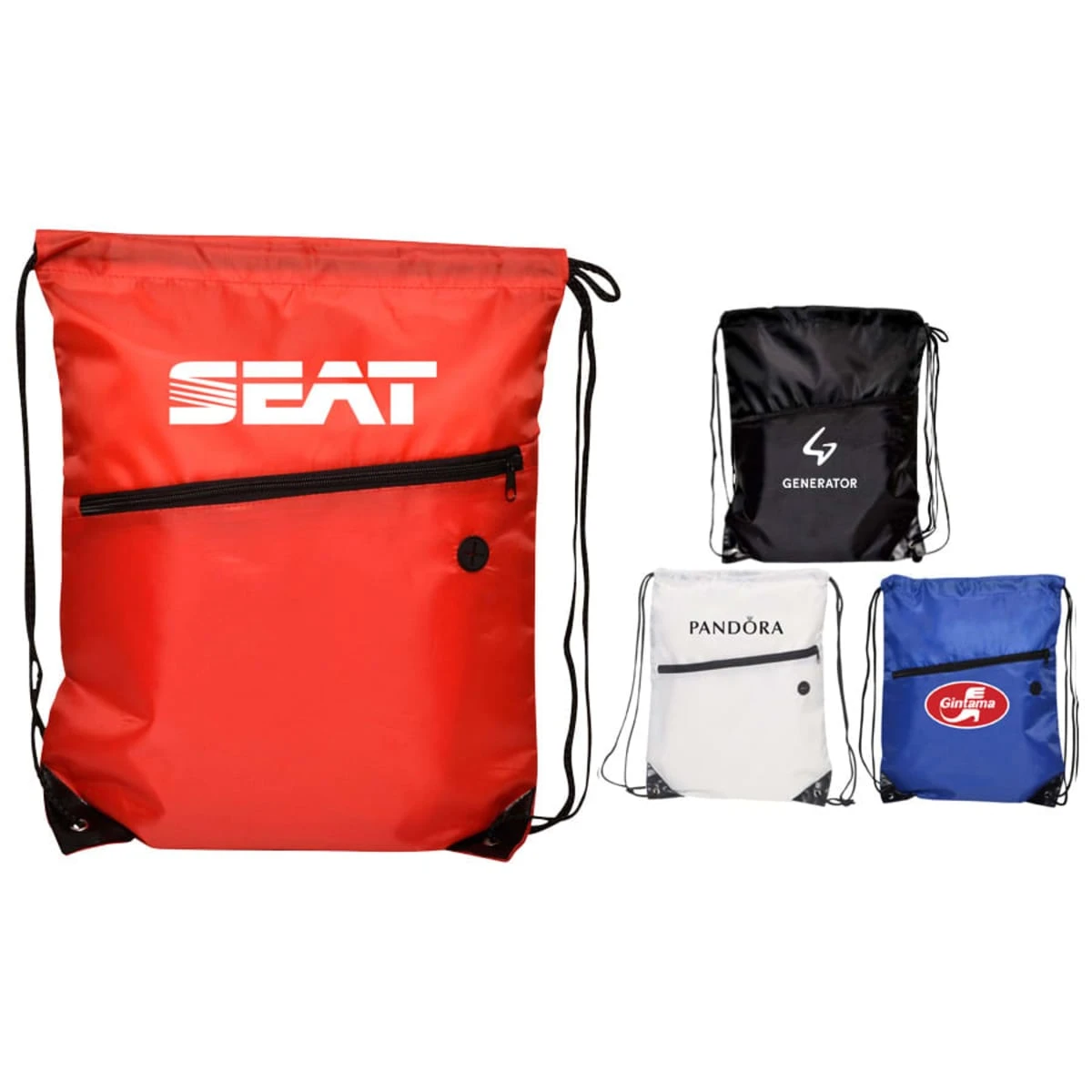 Image of four drawstring bags: a large red one with SEAT text, and three smaller bags—black with GENERATOR and a lightning bolt, white with PANDORA, and blue with a Give Fed oval logo. All have front pockets.