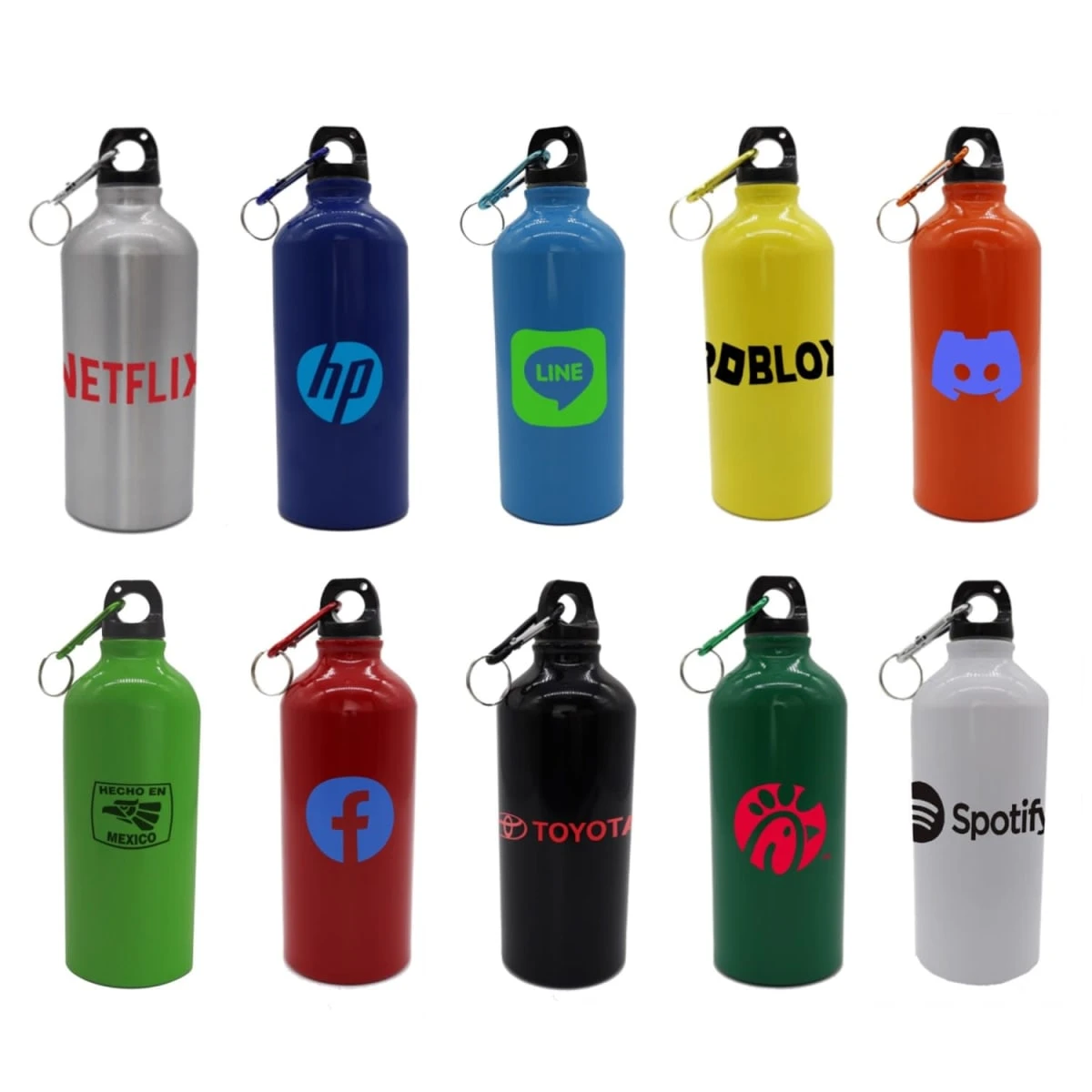 Ten colorful water bottles with carabiner caps, each featuring different brand logos including Netflix, HP, Line, Roblox, Discord, Hecho en México, Facebook, Toyota, Chick-fil-A, and Spotify.