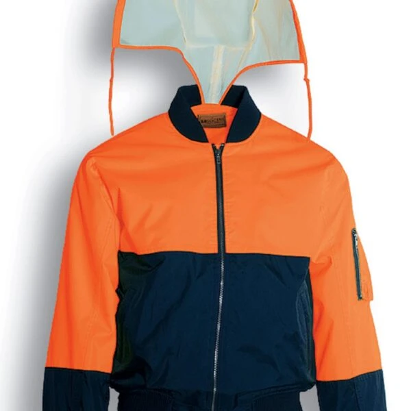 A two-tone jacket with a bright orange top half and navy blue bottom half. It has an orange hood with a white lining. The cuffs, hem, and collar are navy. Text below reads Fluro Orange / Navy.