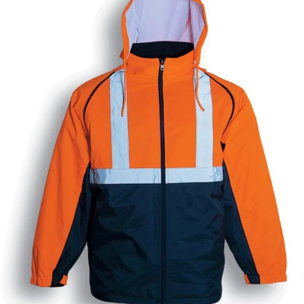 High-visibility jacket with a fluorescent orange hood and upper section, and navy blue lower section. Features reflective silver stripes across the chest and down the front. The text below reads Fluro Orange / Navy.