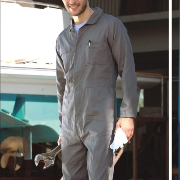 A man in a gray coverall holds a wrench and a white cloth, standing in front of a workshop or industrial setting. The word WORK WEAR is displayed at the bottom, and BOCINI is at the top.