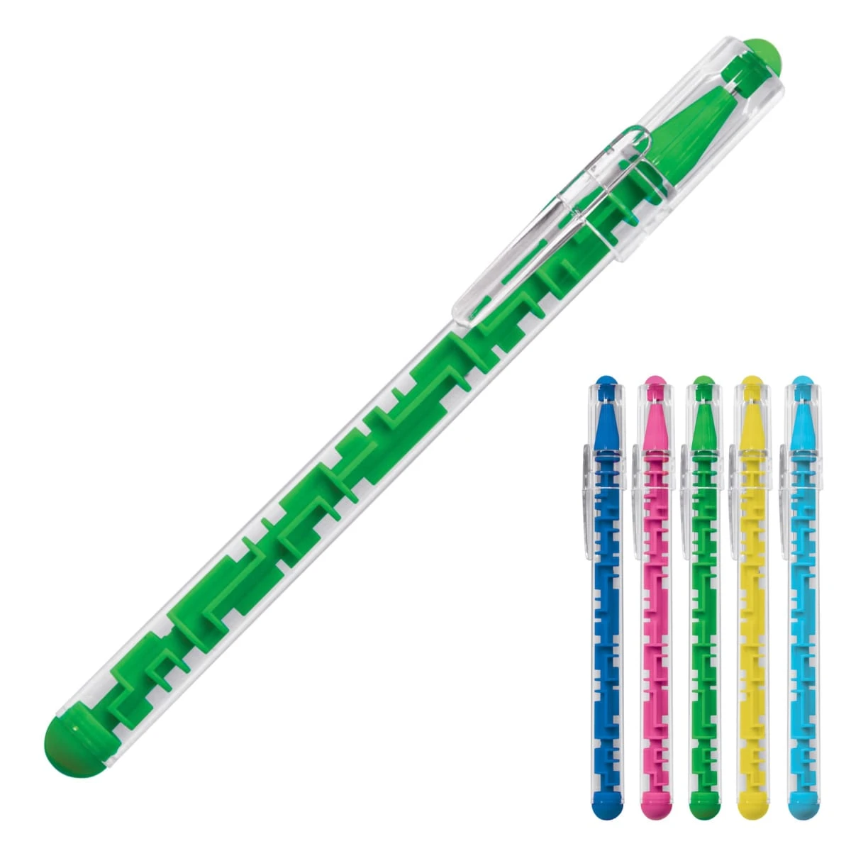 A transparent pen with a green maze inside, a green cap, and a silver clip. Four additional pens are shown in blue, pink, yellow, and another pink, each with matching mazes and caps.
