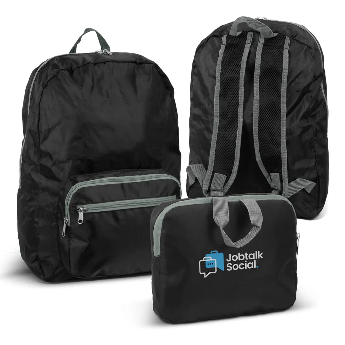 Three black backpacks with gray zippers and straps. One is folded into a compact pouch displaying a logo with speech bubbles and the text Jobtalk Social. The other two are unfolded, showing front and back views.