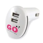 White car charger with two USB ports labeled 1A and 2.1A, and GO Recruiting logo.