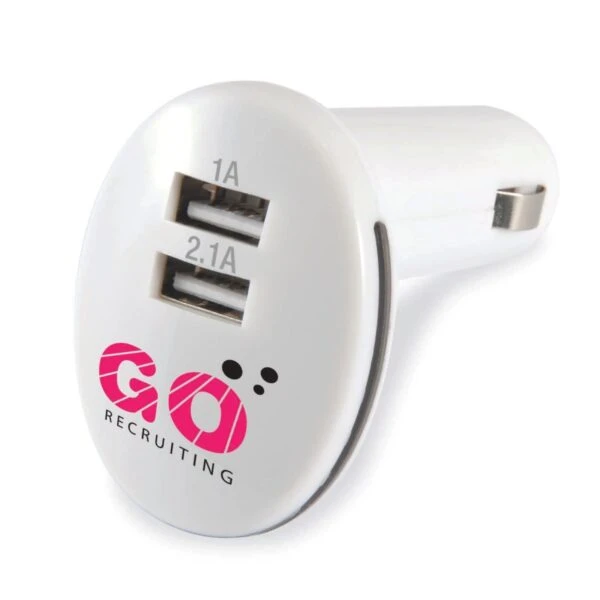 White car charger with two USB ports labeled 1A and 2.1A, and GO Recruiting logo.