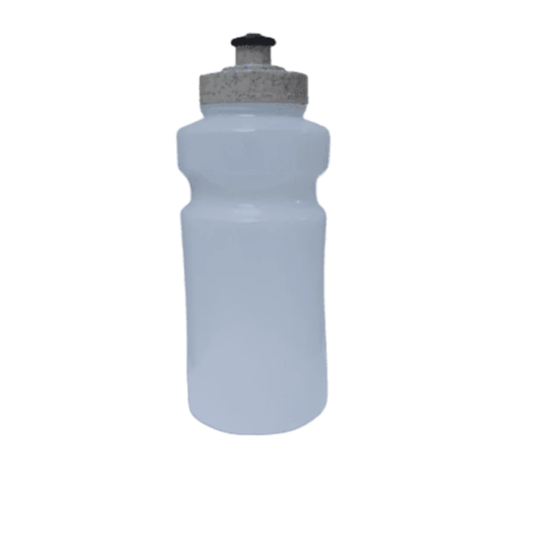 A clear plastic water bottle with a gray lid and a black spout.