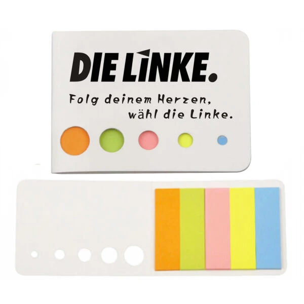 Ebrill Pocket Sticky Flags in a white case with German text and colored circles.