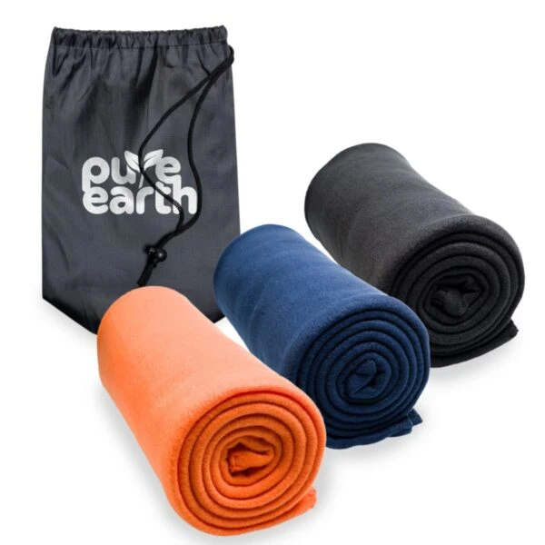 Three rolled towels in orange, blue, and black with a black drawstring bag labeled Pure Earth in white text. The towels are neatly arranged, showcasing their vibrant colors and the bags minimalist design.