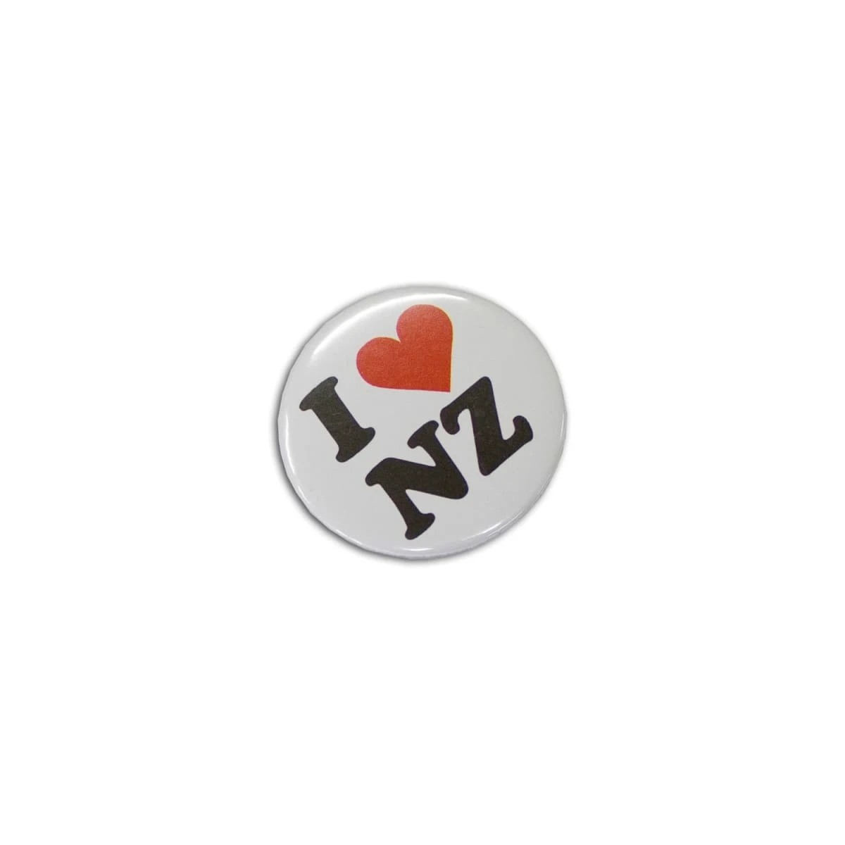 White badge with I ♥ NZ text in black and red.